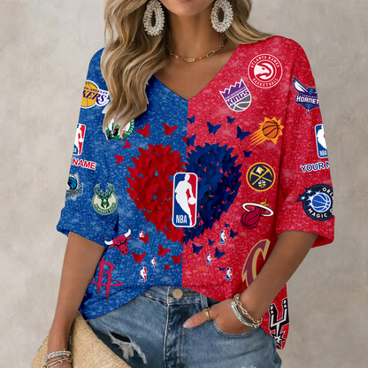 LIMITED EDITION - NEW CUSTOMIZED NBA32 NBA ALL TEAMS WOMEN'S HEART V-NECK LONG SLEEVE SHIRT
