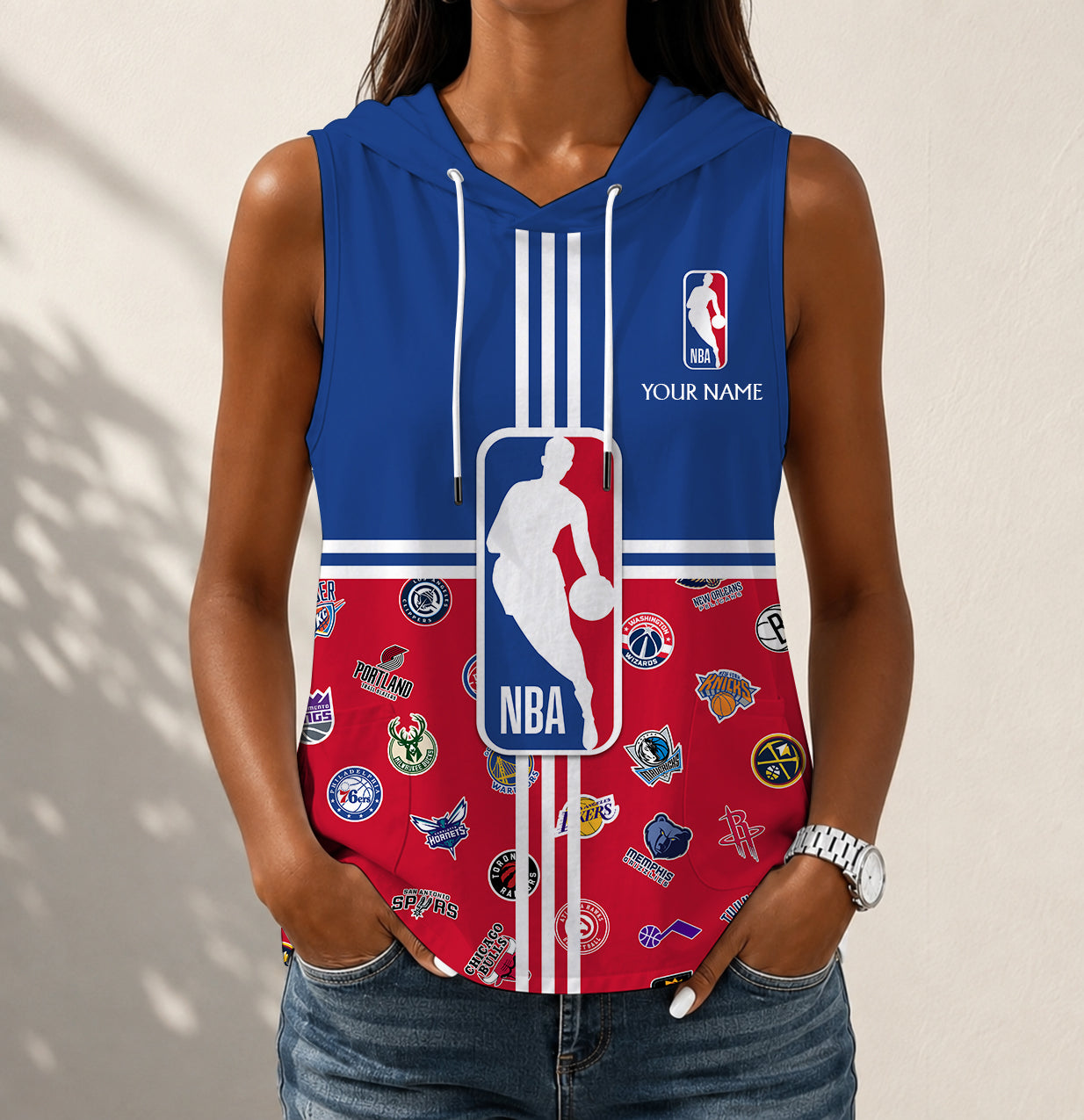 LIMITED EDITION - NEW CUSTOMIZED NBA32 BKA NBA ALL TEAMS WOMEN'S SLEEVELESS HOODED POCKET TANK TOP