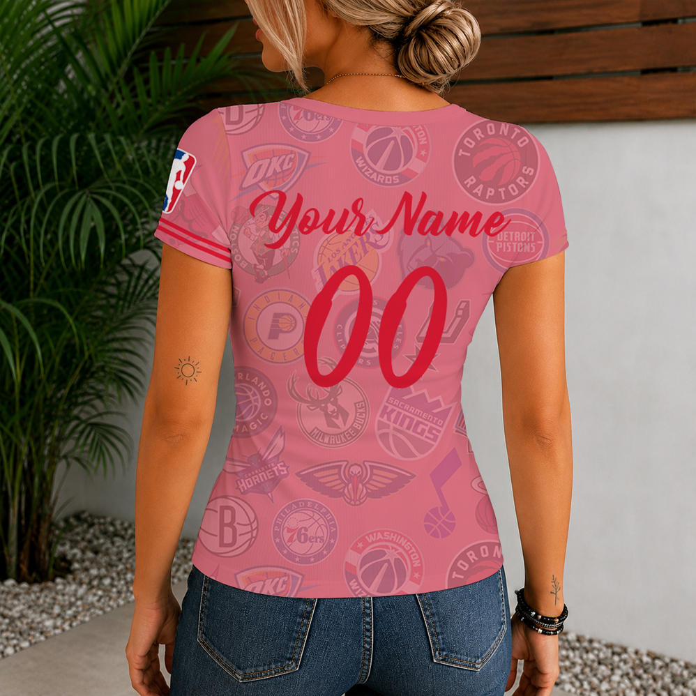 [HOT DEAL] NEW CUSTOMIZED NBA32 NBA ALL TEAMS  WOMEN'S SHORT SLEEVE HENLEY T-SHIRT