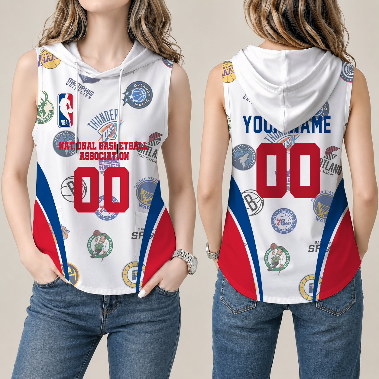 [HOT DEAL] NEW CUSTOMIZED NBA32 NBA ALL TEAMS  WOMEN'S SLEEVELESS HOODED POCKET TANK TOP