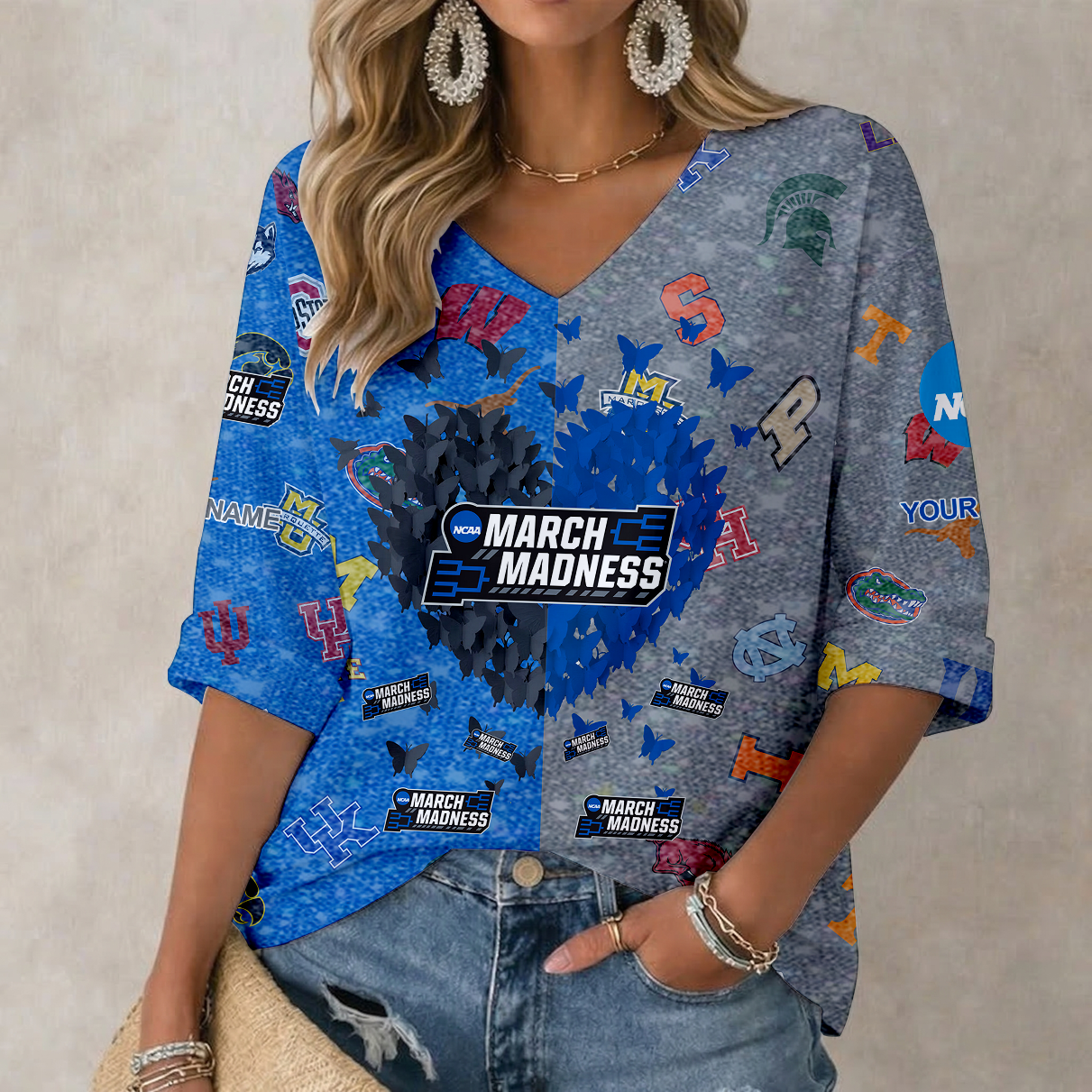 LIMITED EDITION - NEW CUSTOMIZED NCAA MAM32 MAM ALL TEAMS WOMEN'S HEART V-NECK LONG SLEEVE SHIRT
