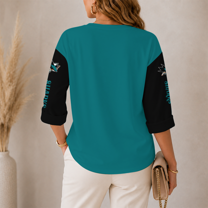 [SUPER SALE] NEW CUSTOMIZED NHL32 SJS SAN JOSE SHARKS WOMEN'S HEART V-NECK LONG SLEEVE SHIRT