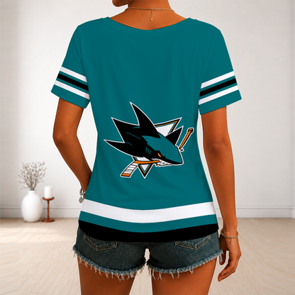 [SUPER SALE] NEW CUSTOMIZED NHL32 SJS SAN JOSE SHARKS V-NECK FEMALE SHIRT