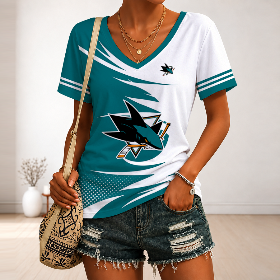[SUPER SALE] NEW CUSTOMIZED NHL32 SJS SAN JOSE SHARKS V-NECK FEMALE SHIRT