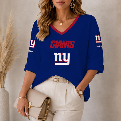 [SPECIAL OFFER] NEW CUSTOMIZED NFL32 NYG NEW YORK GIANTS WOMEN'S HEART V-NECK LONG SLEEVE SHIRT
