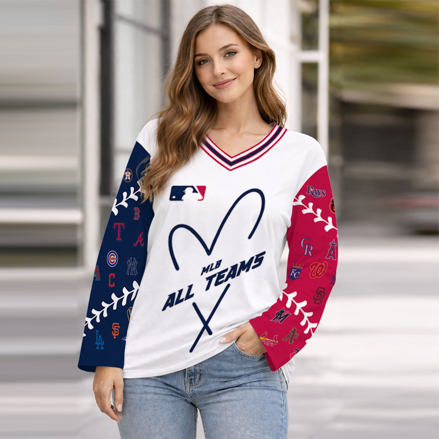 LIMITED EDITION - NEW CUSTOMIZED MLB32 MLB ALL TEAMS WOMEN'S HEART V-NECK LONG SLEEVE SHIRT