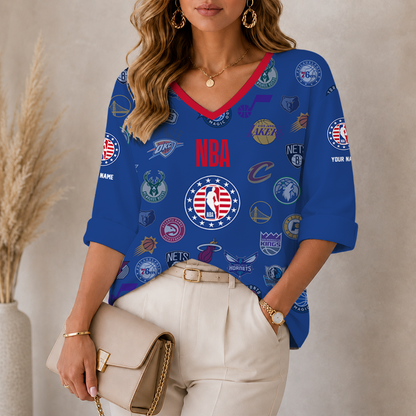 [HOT DEAL] NEW CUSTOMIZED NBA32 NBA ALL TEAMS WOMEN'S HEART V-NECK LONG SLEEVE SHIRT