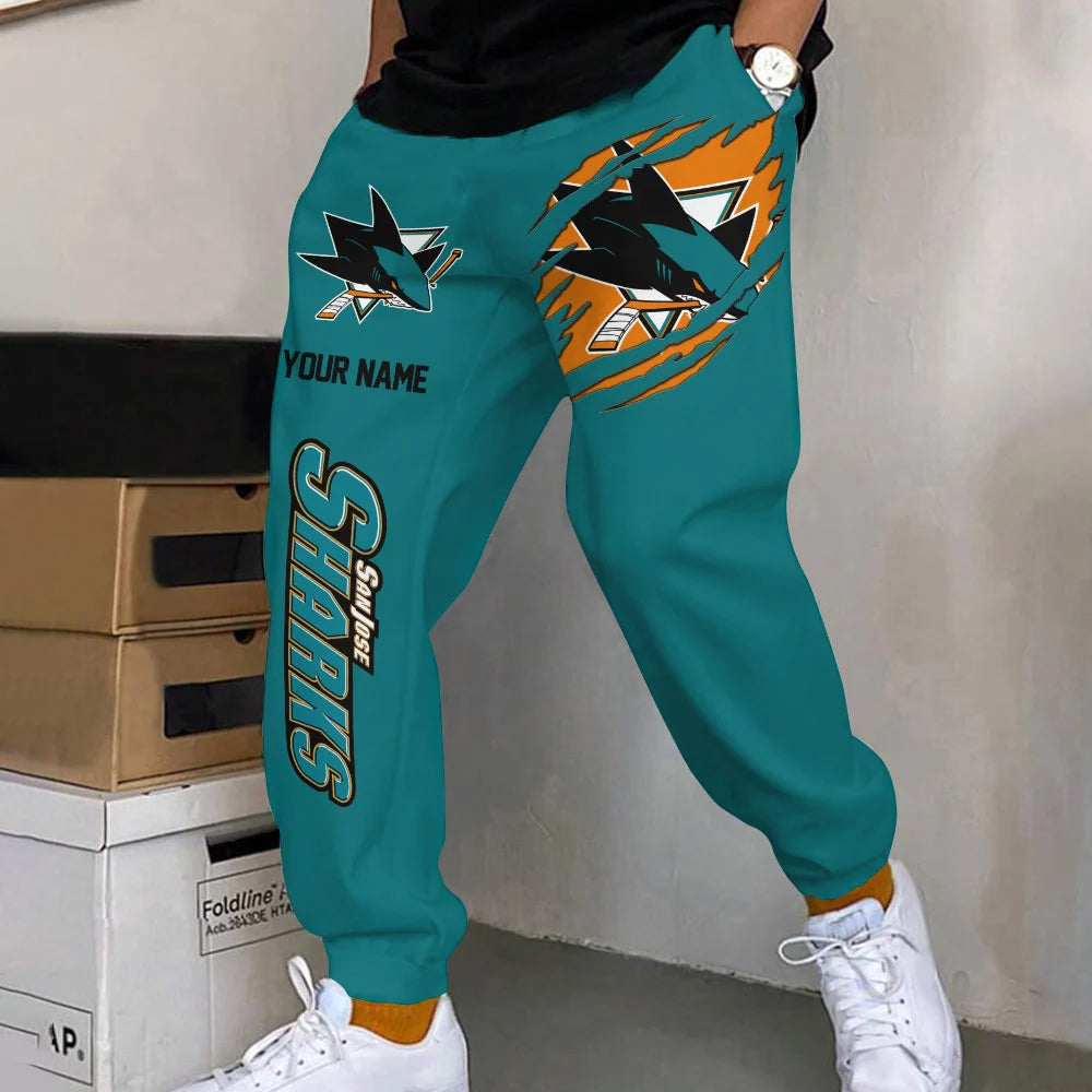 ELITE EDITION - NEW CUSTOMIZED NHL32 SJS SAN JOSE SHARKS SWEATPANTS
