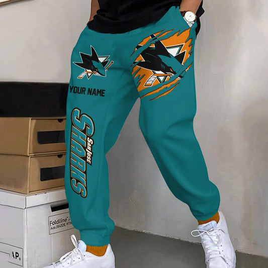 ELITE EDITION - NEW CUSTOMIZED NHL32 SJS SAN JOSE SHARKS SWEATPANTS