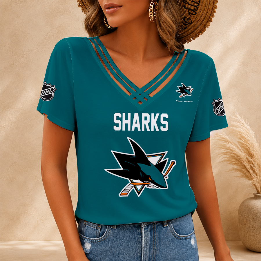 [SUPER SALE] NEW CUSTOMIZED NHL32 SJS SAN JOSE SHARKS V-NECK SHIRT