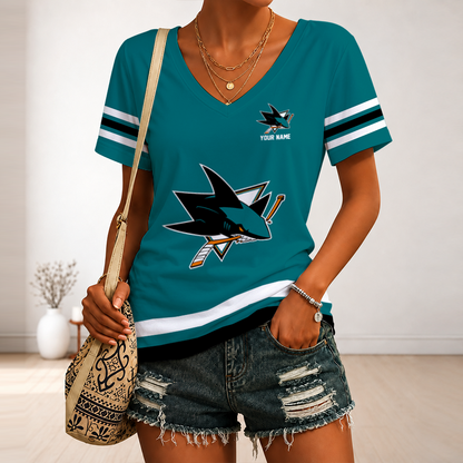 [SUPER SALE] NEW CUSTOMIZED NHL32 SJS SAN JOSE SHARKS V-NECK FEMALE SHIRT
