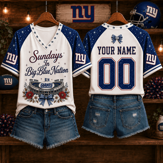EXCLUSIVE EDITION - NEW CUSTOMIZED NFL32 NYG NEW YORK GIANTS V-NECK FEMALE SHIRT