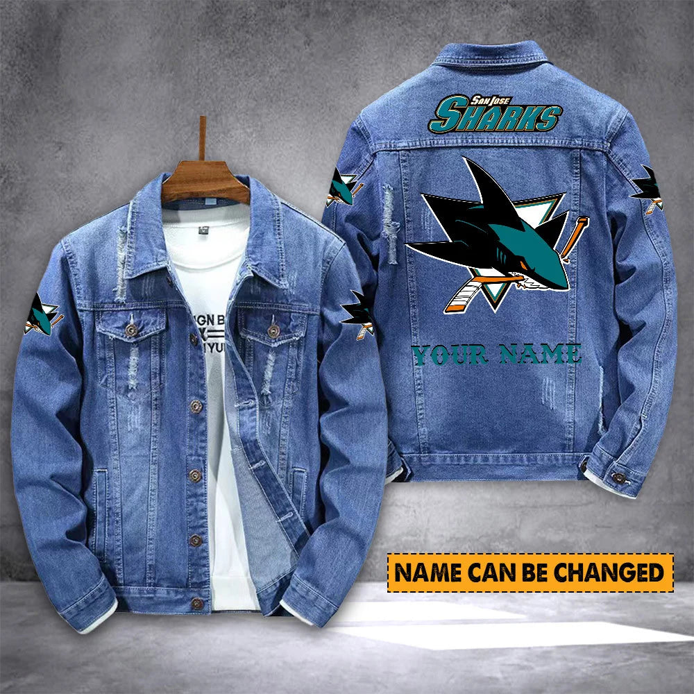 ELITE EDITION - NEW CUSTOMIZED NHL32 SJS SAN JOSE SHARKS DENIM JACKET
