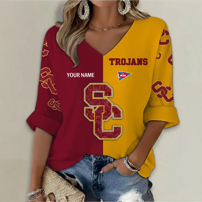 ELITE EDITION - NEW CUSTOMIZED NCAA FBS32 USC USC TROJANS WOMEN'S HEART V-NECK LONG SLEEVE SHIRT