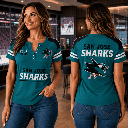 SPECIAL EDITION - NEW CUSTOMIZED NHL32 SJS SAN JOSE SHARKS WOMEN'S SHORT SLEEVE HENLEY T-SHIRT