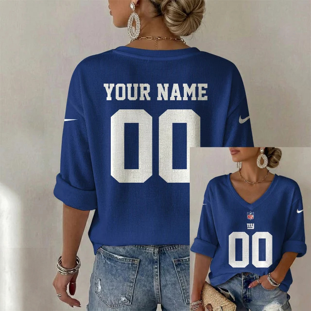 ELITE EDITION - NEW CUSTOMIZED NFL32 NYG NEW YORK GIANTS WOMEN'S HEART V-NECK LONG SLEEVE SHIRT