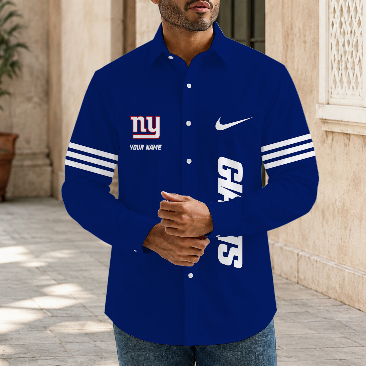 [SPECIAL OFFER] NEW CUSTOMIZED NFL32 NYG NEW YORK GIANTS MEN'S LONG SLEEVE BUTTON-UP SHIRT