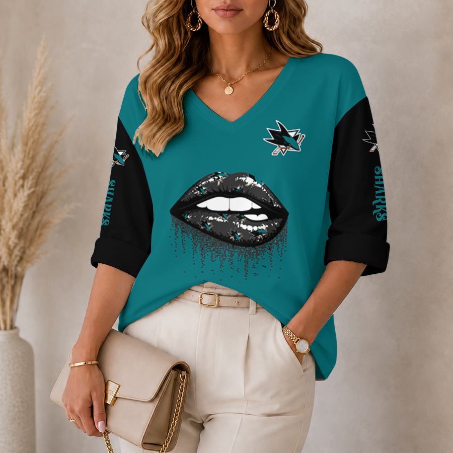 [SUPER SALE] NEW CUSTOMIZED NHL32 SJS SAN JOSE SHARKS WOMEN'S HEART V-NECK LONG SLEEVE SHIRT