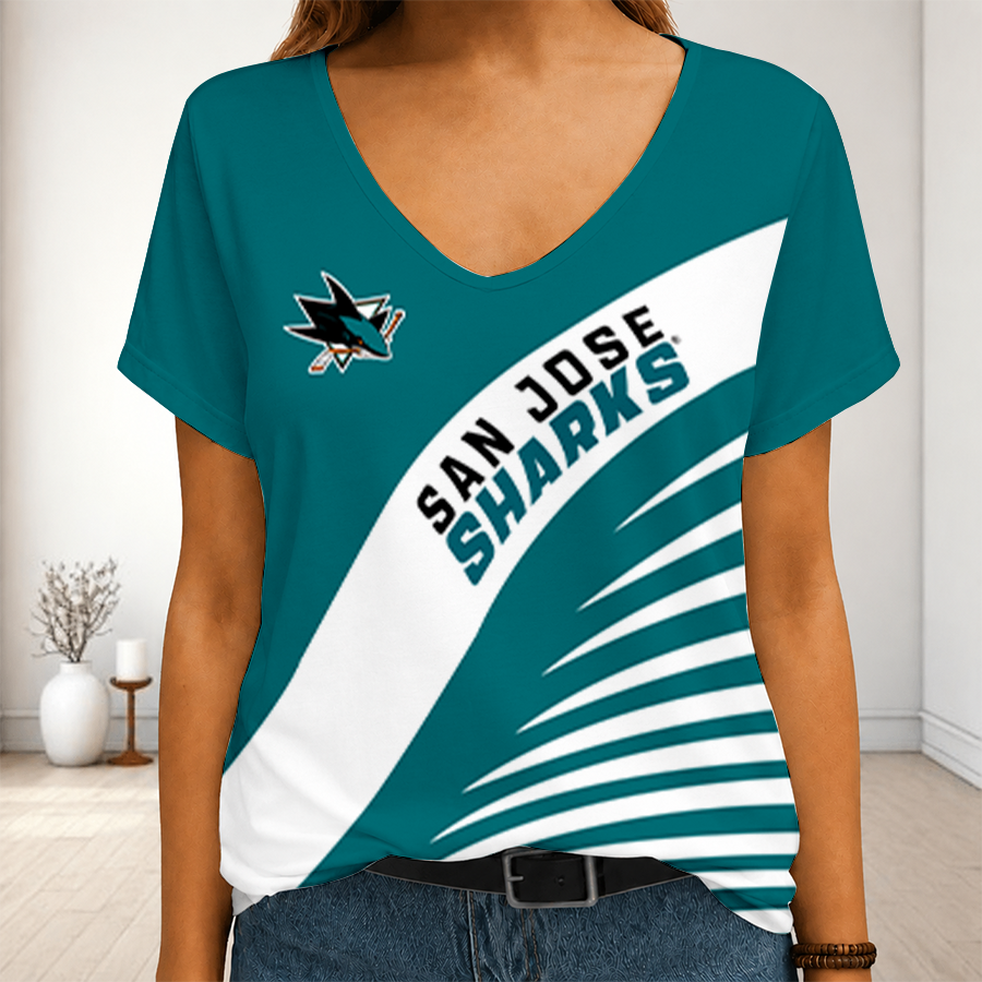LIMITED EDITION - NEW CUSTOMIZED NHL32 SJS SAN JOSE SHARKS V-NECK FEMALE SHIRT