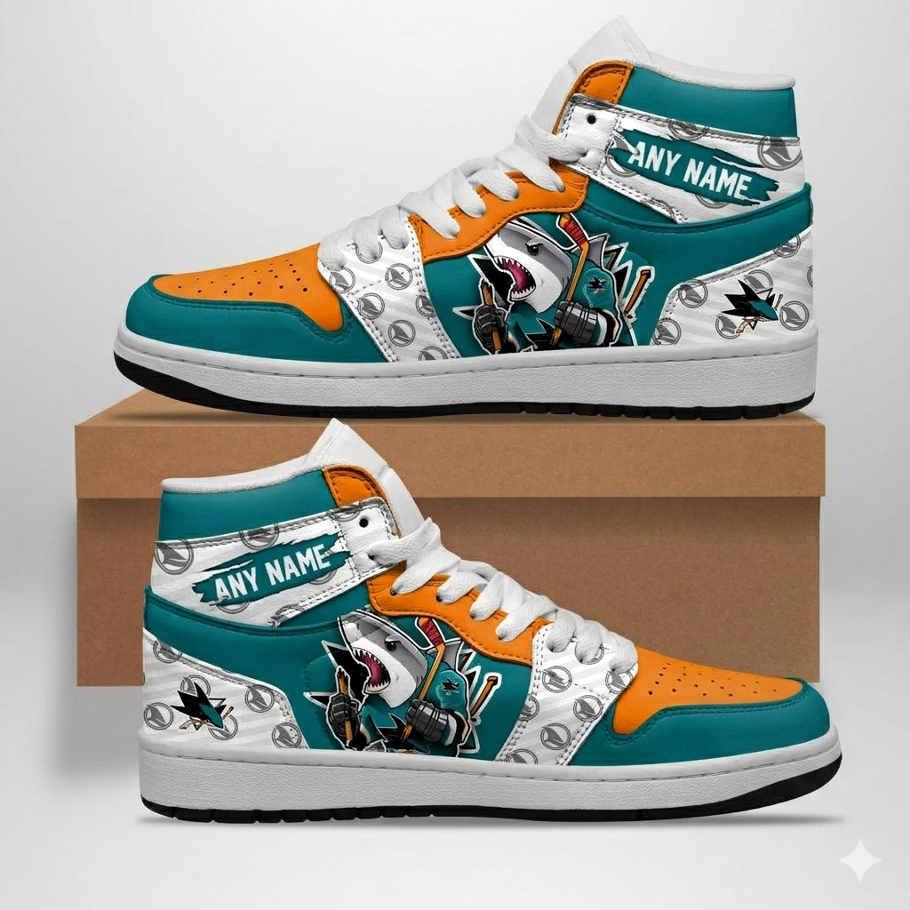 VIRAL EDITION - NEW CUSTOMIZED NHL32 SJS SAN JOSE SHARKS AIR JORDAN SNEAKERS