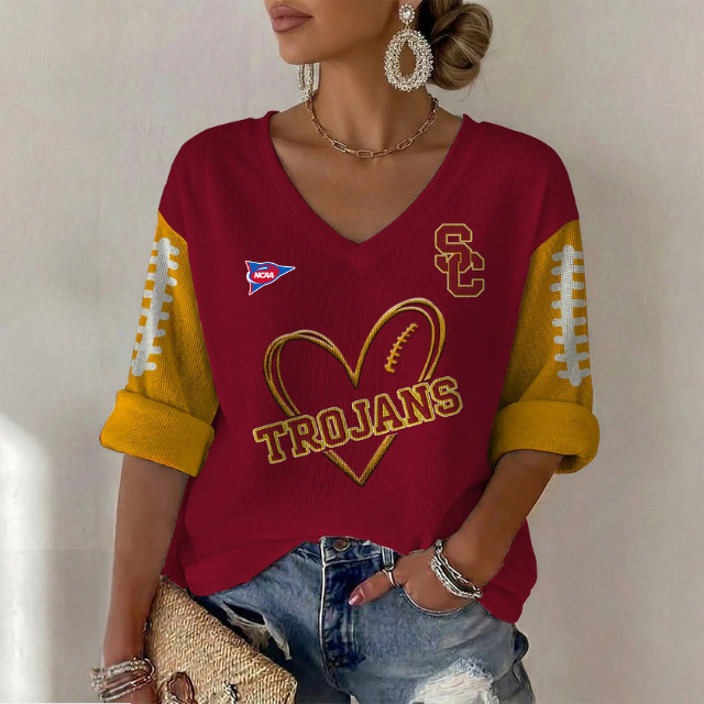 ELITE EDITION - NEW CUSTOMIZED NCAA FBS32 USC USC TROJANS WOMEN'S HEART V-NECK LONG SLEEVE SHIRT