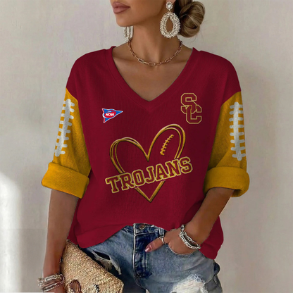 ELITE EDITION - NEW CUSTOMIZED NCAA FBS32 USC USC TROJANS WOMEN'S HEART V-NECK LONG SLEEVE SHIRT