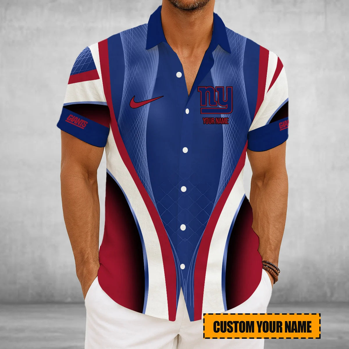 LIMITED EDITION - NEW CUSTOMIZED NFL32 NYG NEW YORK GIANTS SHORT SLEEVE BUTTON-UP SHIRT