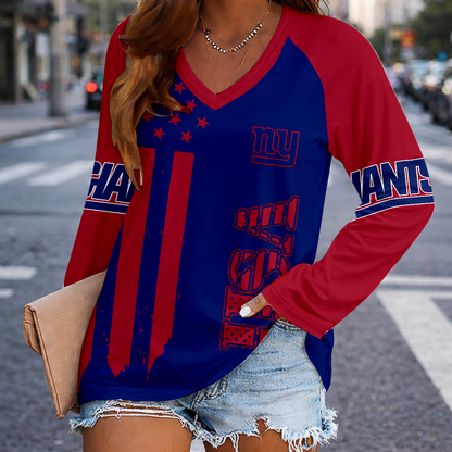 LIMITED EDITION - NEW CUSTOMIZED NFL32 NYG NEW YORK GIANTS WOMEN'S V-NECK LONG SLEEVED SHIRT