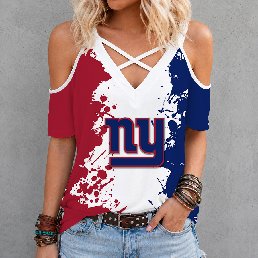 [SPECIAL OFFER] NEW CUSTOMIZED NFL32 NYG NEW YORK GIANTS CRISS CROSS V-NECK TOP
