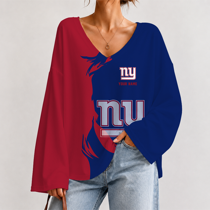[SPECIAL OFFER] NEW CUSTOMIZED NFL32 NYG NEW YORK GIANTS V NECK LONG SLEEVED CROP TOP