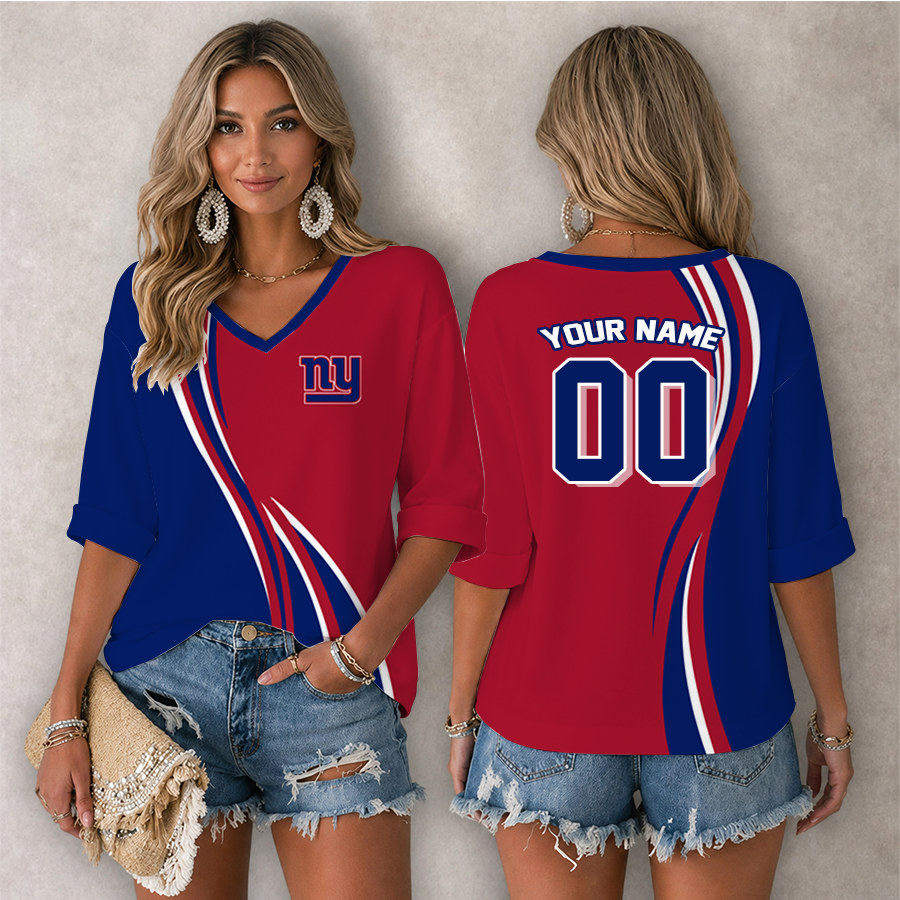 LIMITED EDITION - NEW CUSTOMIZED NFL32 NYG NEW YORK GIANTS WOMEN'S HEART V-NECK LONG SLEEVE SHIRT