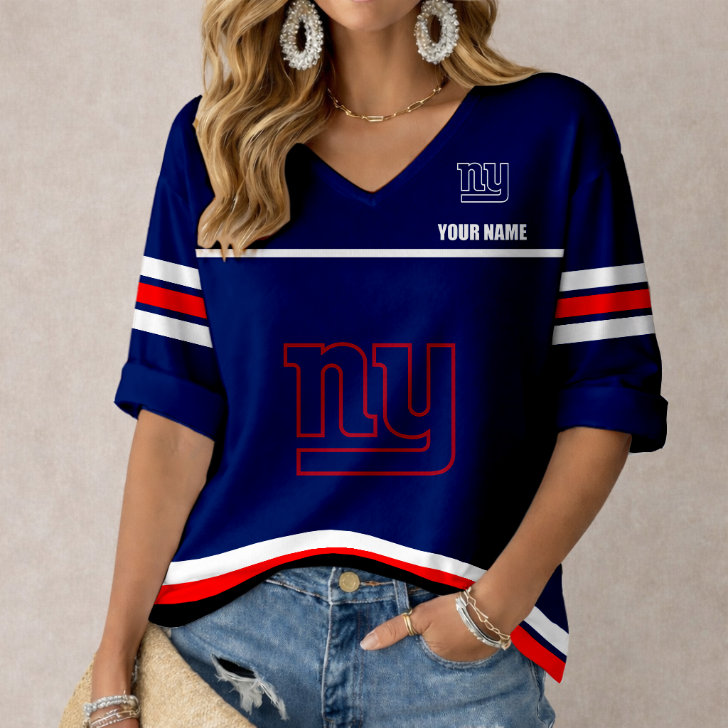 LIMITED EDITION - NEW CUSTOMIZED NFL32 NYG NEW YORK GIANTS WOMEN'S V-NECK MID-SLEEVE SHIRT