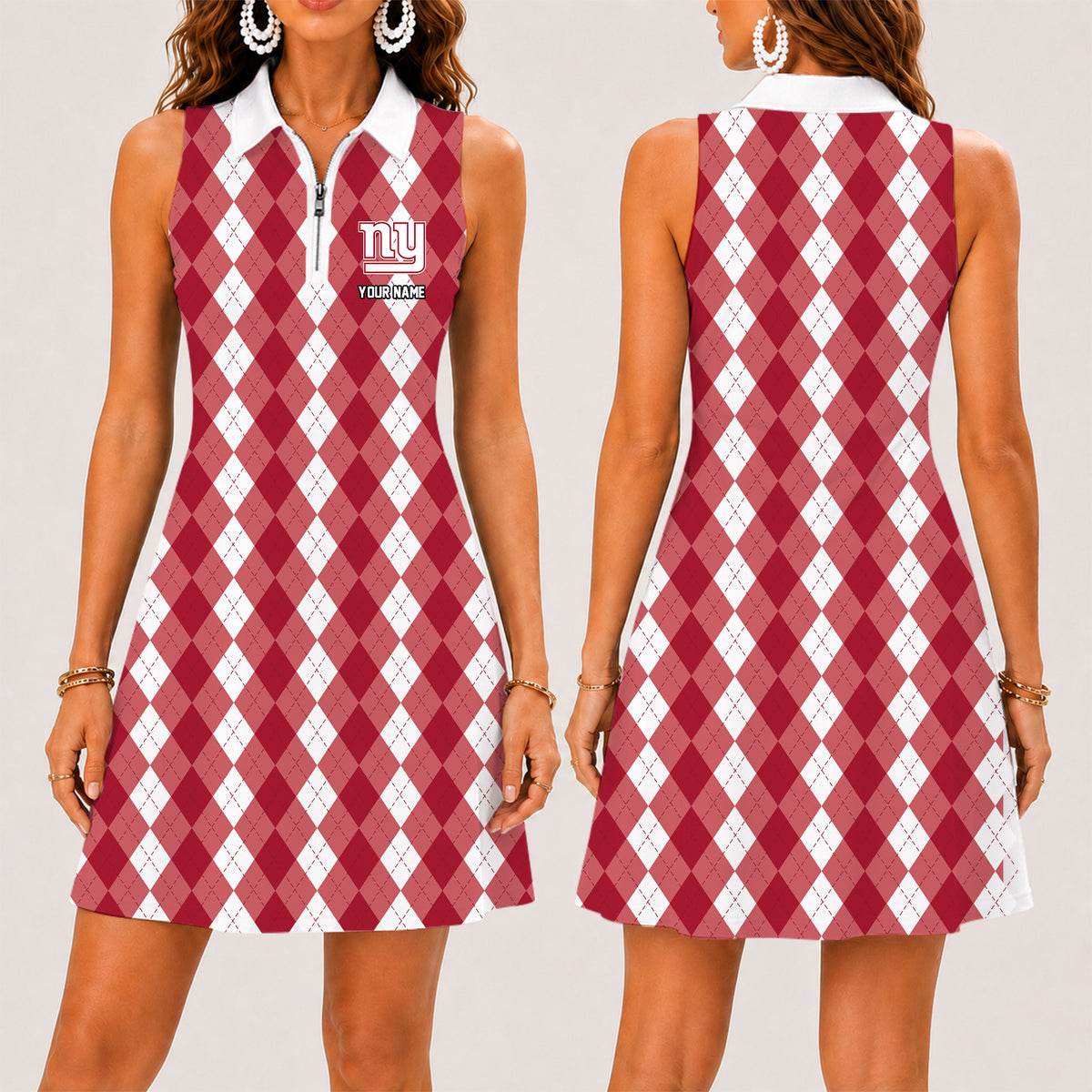 [SPECIAL OFFER] NEW CUSTOMIZED NFL32 NYG NEW YORK GIANTS WOMEN'S ZIP SLEEVELESS POLO DRESS
