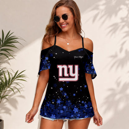 [SPECIAL OFFER] NEW CUSTOMIZED NFL32 NYG NEW YORK GIANTS WOMEN'S STRAPPY OFF-SHOULDER TOP