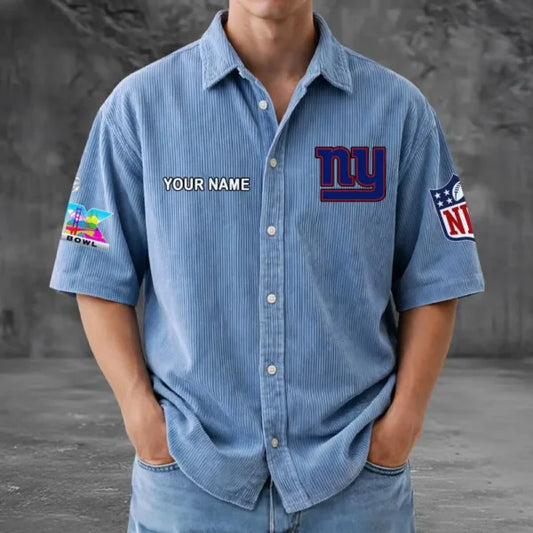 LIMITED EDITION - NEW CUSTOMIZED NFL32 NYG NEW YORK GIANTS SEERSUCKER BUTTON SHIRT