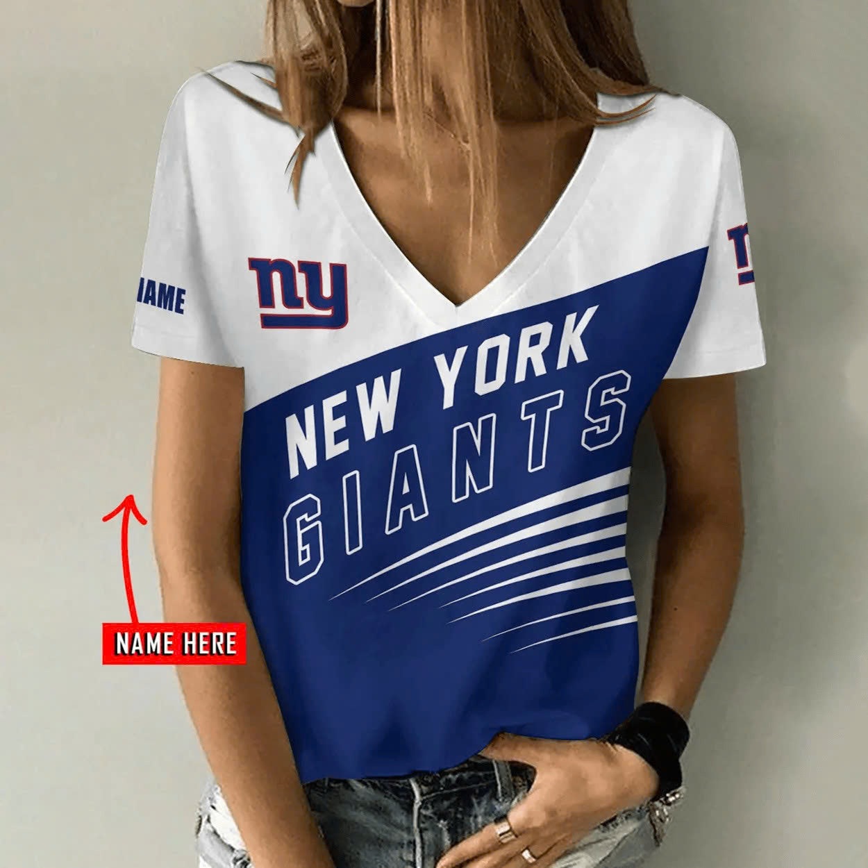 [SPECIAL OFFER] NEW CUSTOMIZED NFL32 NYG NEW YORK GIANTS V-NECK FEMALE SHIRT