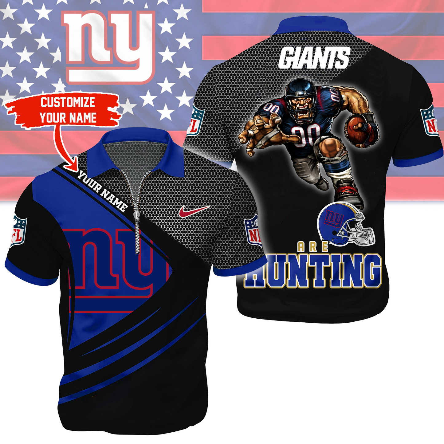 LIMITED EDITION - NEW CUSTOMIZED NFL32 NYG NEW YORK GIANTS HARLEY-DAVIDSON POLO WITH ZIPPER SHIRT