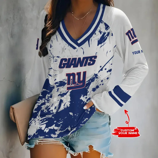 [SPECIAL OFFER] NEW CUSTOMIZED NFL32 NYG NEW YORK GIANTS WOMEN'S V-NECK LONG SLEEVED SHIRT