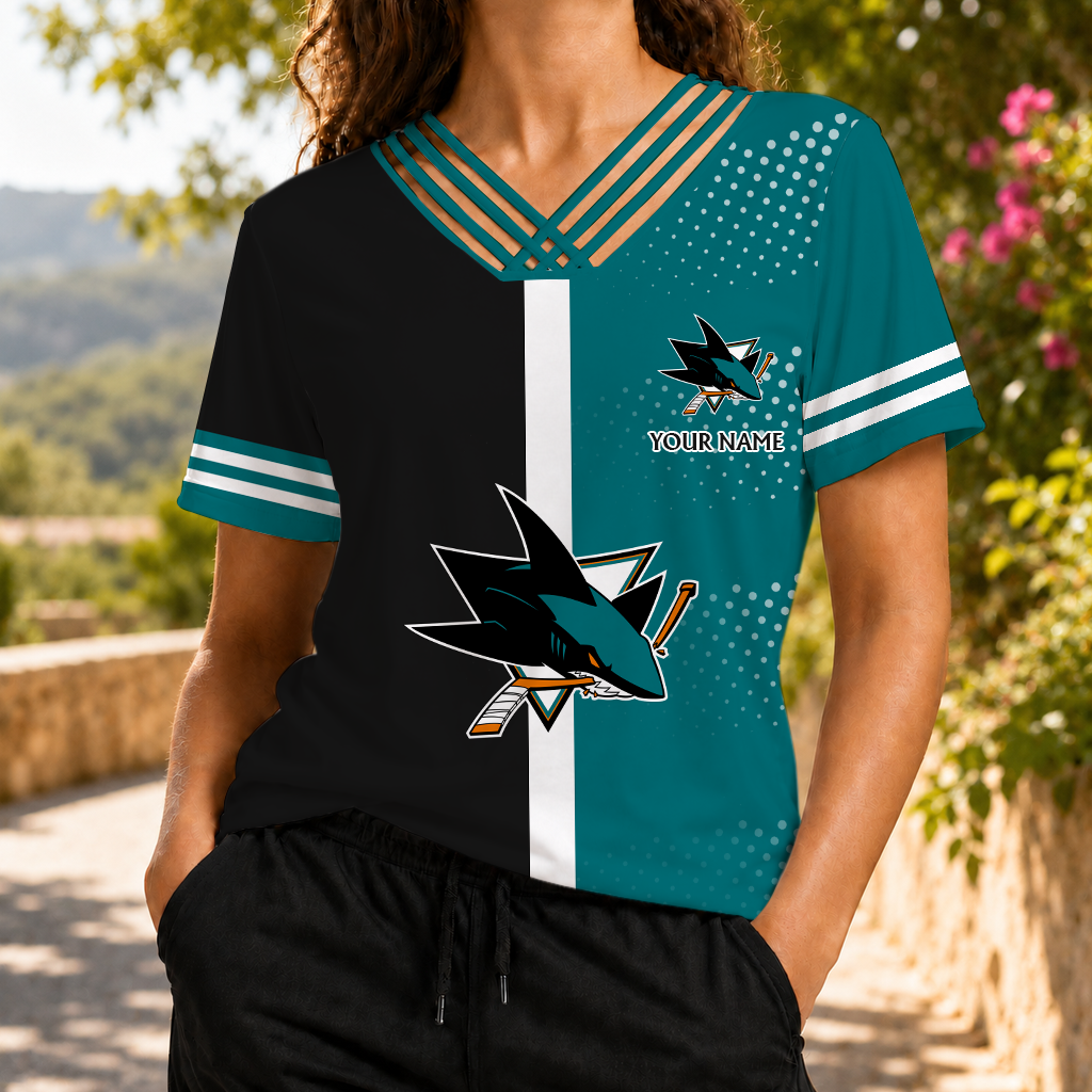 ELITE EDITION - NEW CUSTOMIZED NHL32 SJS SAN JOSE SHARKS V-NECK SHIRT