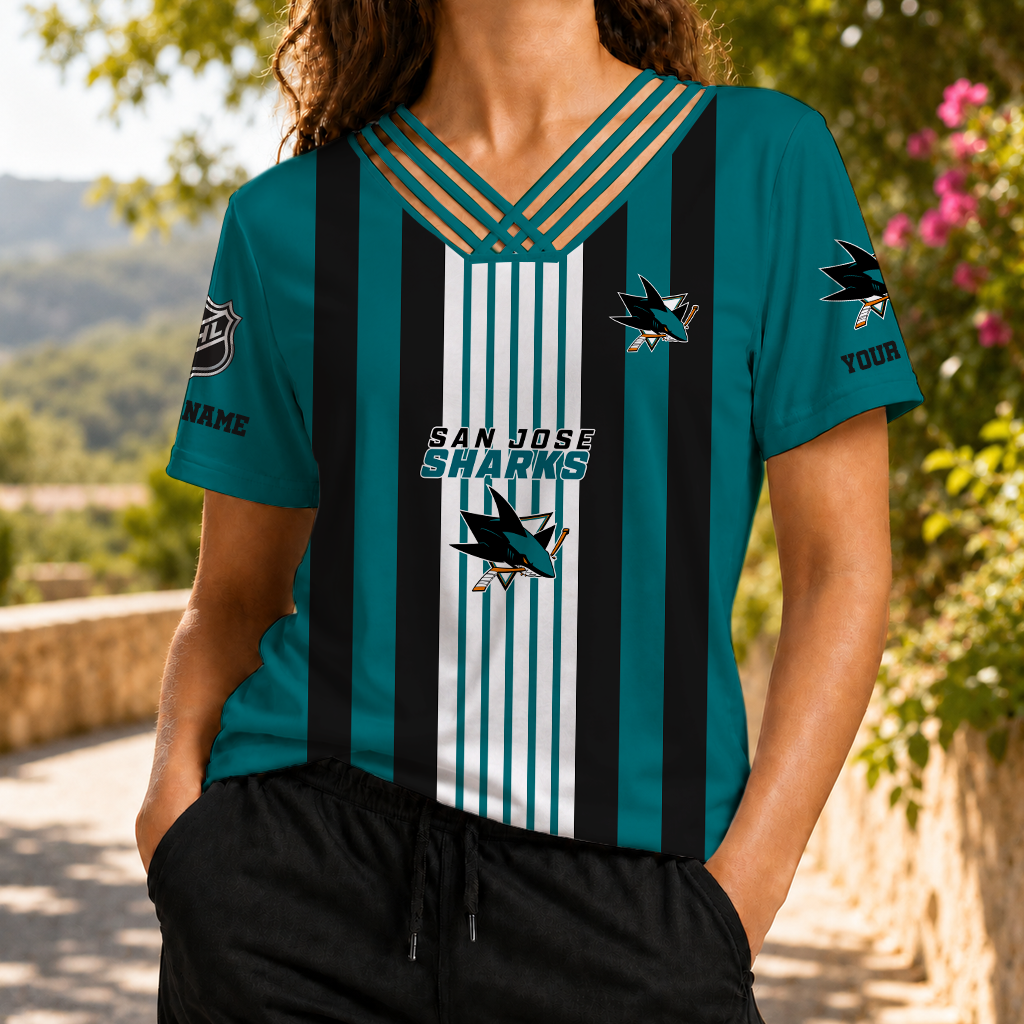 FINAL SALE - NEW CUSTOMIZED NHL32 SJS SAN JOSE SHARKS V-NECK SHIRT