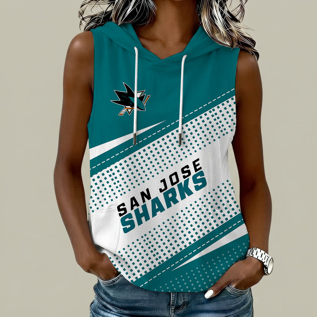 [SUPER SALE] NEW CUSTOMIZED NHL32 SJS SAN JOSE SHARKS WOMEN'S SLEEVELESS HOODED POCKET TANK TOP