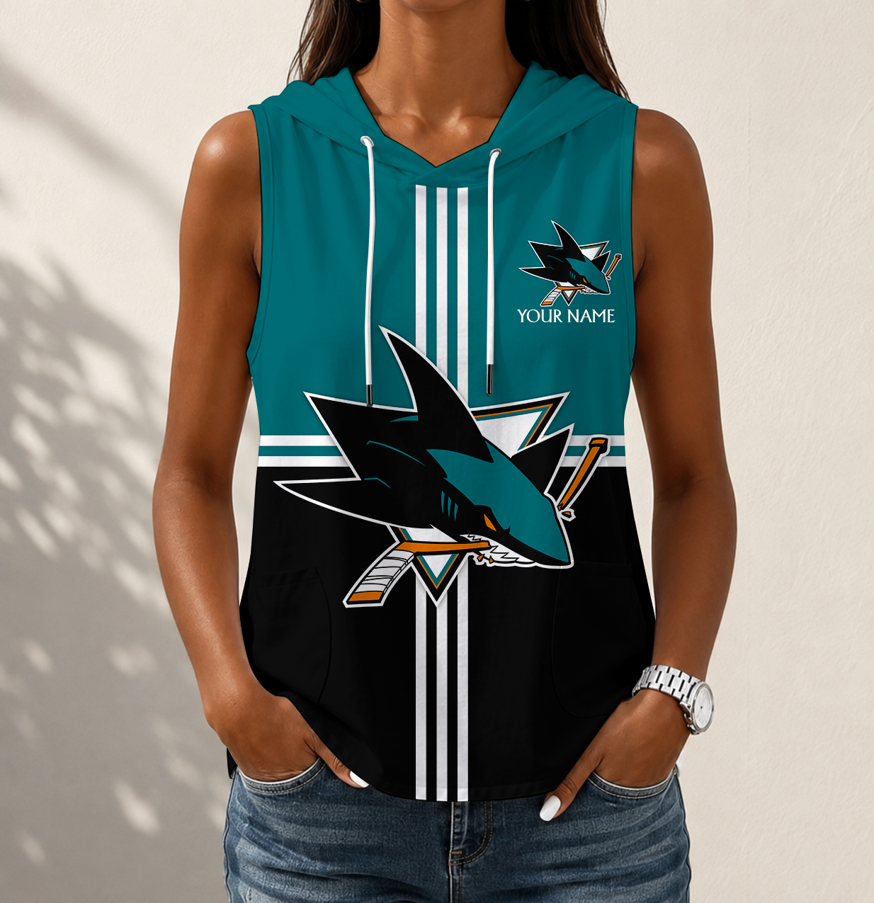 VIRAL EDITION - NEW CUSTOMIZED NHL32 SJS SAN JOSE SHARKS WOMEN'S SLEEVELESS HOODED POCKET TANK TOP