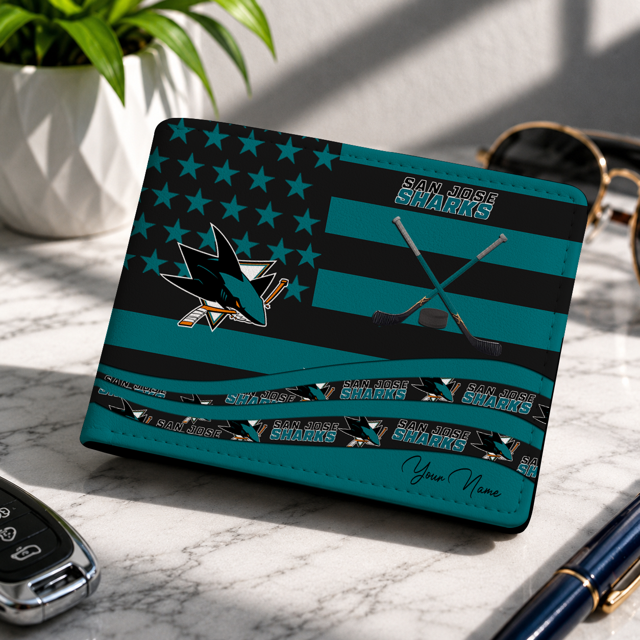 LIMITED EDITION - NEW CUSTOMIZED NHL32 SJS SAN JOSE SHARKS LEATHER WALLET