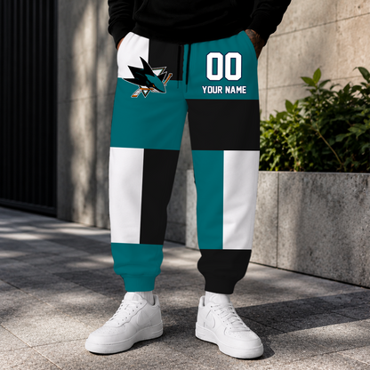 LIMITED EDITION - NEW CUSTOMIZED NHL32 SJS SAN JOSE SHARKS SWEATPANTS
