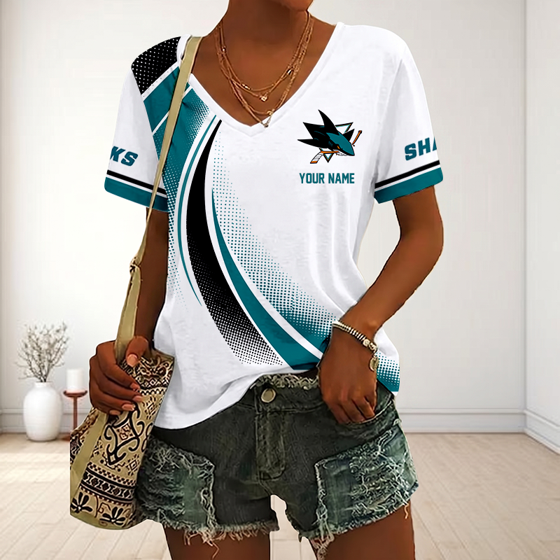 LIMITED EDITION - NEW CUSTOMIZED NHL32 SJS SAN JOSE SHARKS V-NECK FEMALE SHIRT