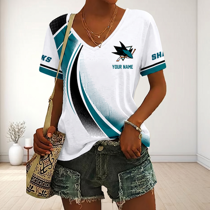 LIMITED EDITION - NEW CUSTOMIZED NHL32 SJS SAN JOSE SHARKS V-NECK FEMALE SHIRT