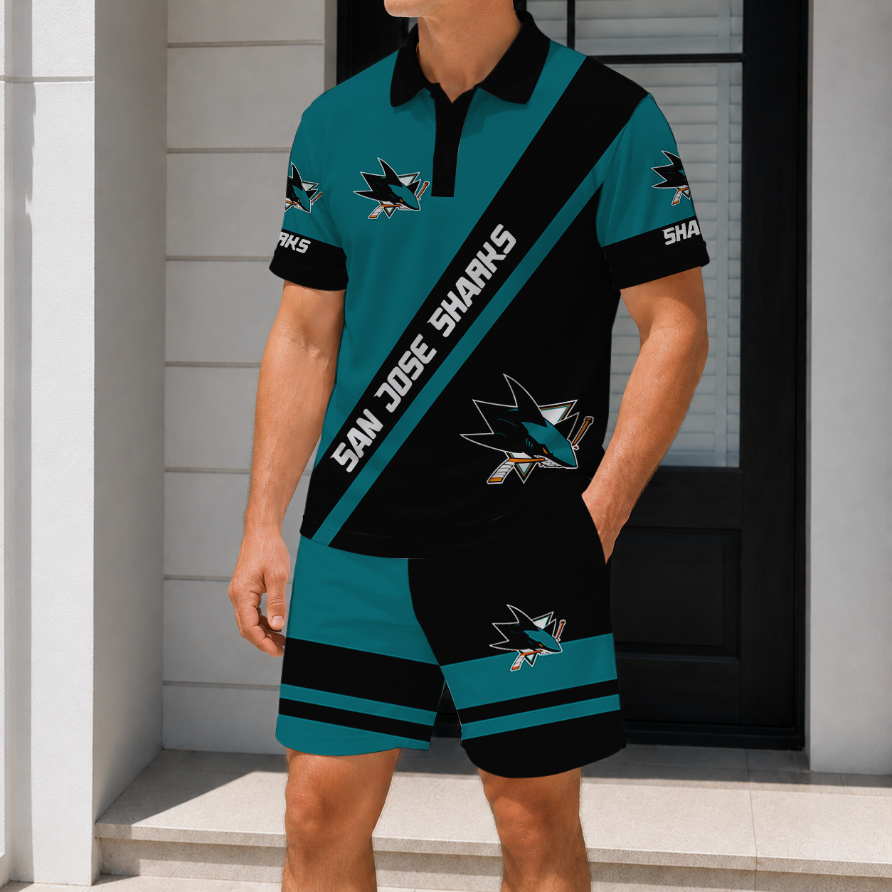 LIMITED EDITION - NEW CUSTOMIZED NHL32 SJS SAN JOSE SHARKS POLO & SHORT PANTS SET