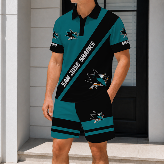 LIMITED EDITION - NEW CUSTOMIZED NHL32 SJS SAN JOSE SHARKS POLO & SHORT PANTS SET