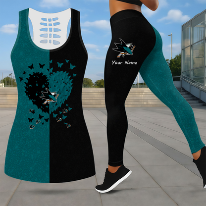 LIMITED EDITION - NEW CUSTOMIZED NHL32 SJS SAN JOSE SHARKS LEGGINGS & HOLLOW TANK TOP SET