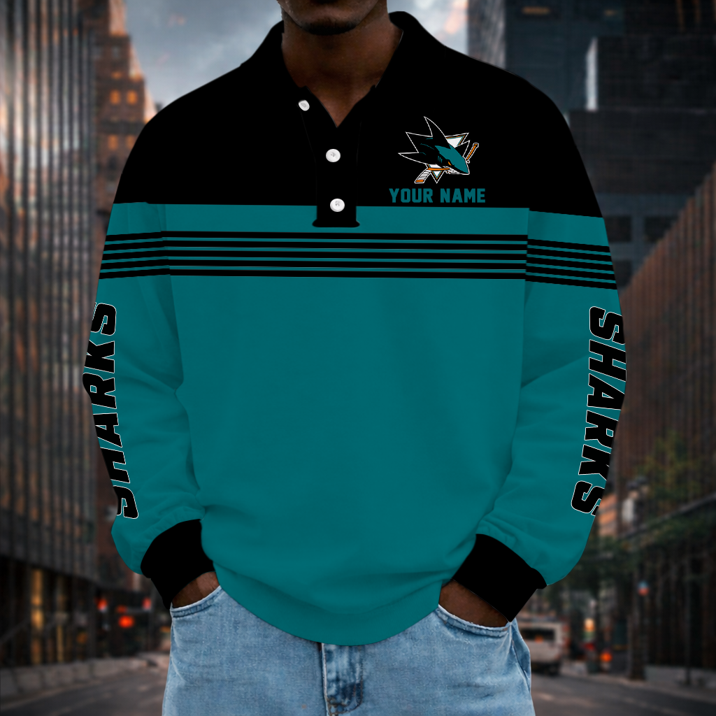 SPECIAL EDITION - NEW CUSTOMIZED NHL32 SJS SAN JOSE SHARKS MEN LONG SLEEVE POLO